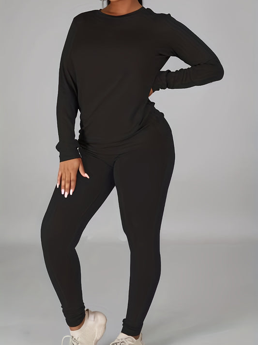 Solid Casual Two piece Set Crew Neck Long Sleeve Tops & Elastic Waist Pants