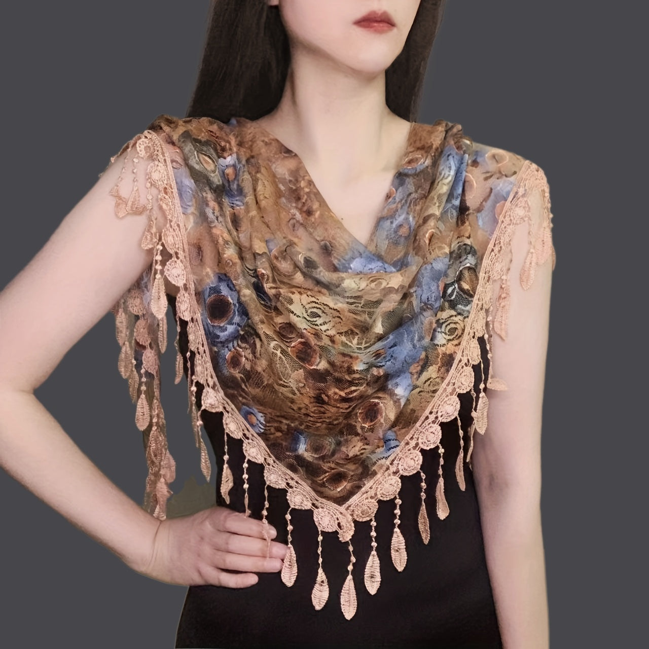 Rose Lace Triangle Scarf Tassel Veil Vintage Mantilla Head Covering