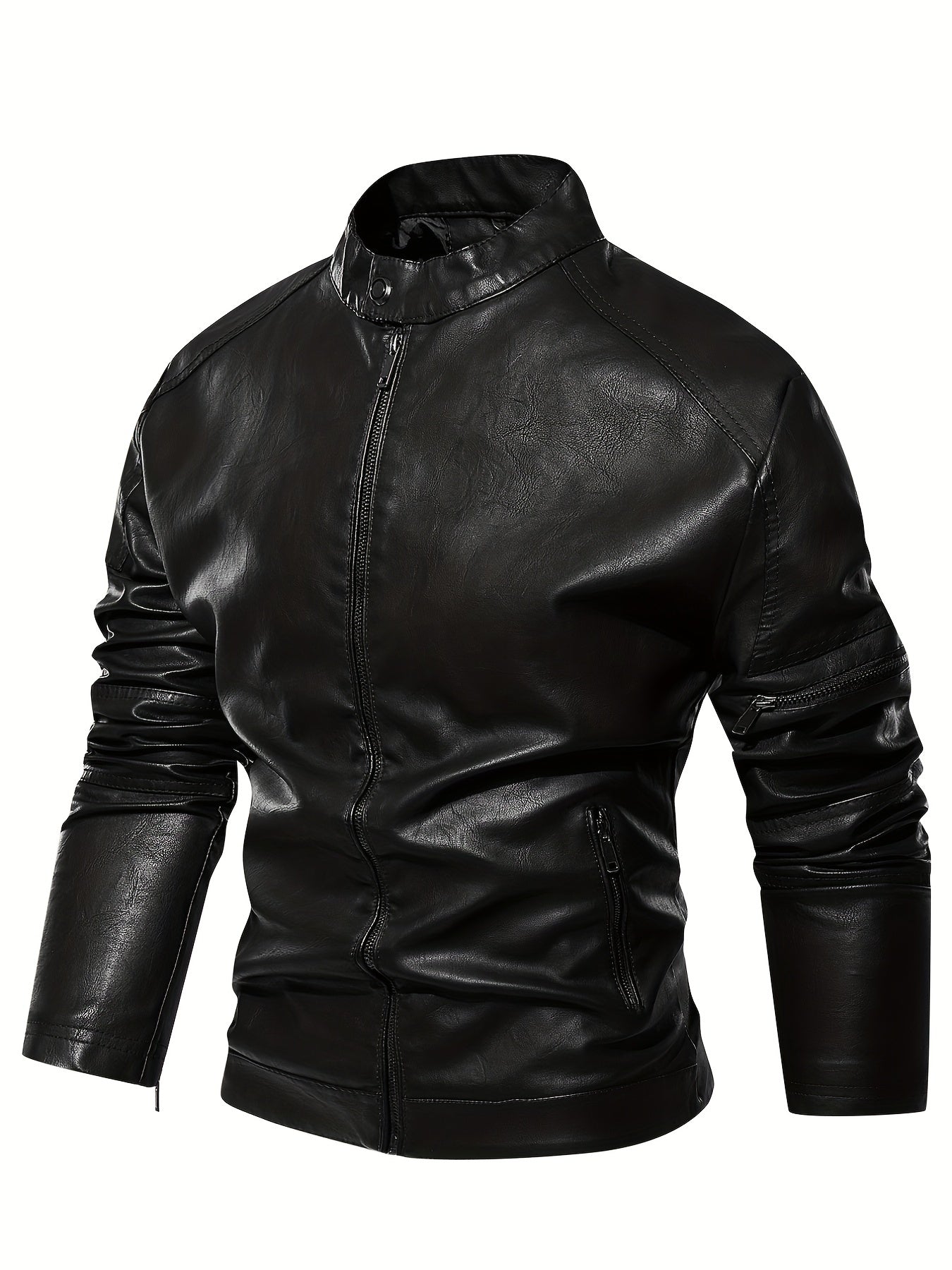 PU Biker Jacket Men's Casual Zip Up Stand Collar Faux Leather Jacket