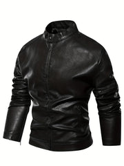 PU Biker Jacket Men's Casual Zip Up Stand Collar Faux Leather Jacket