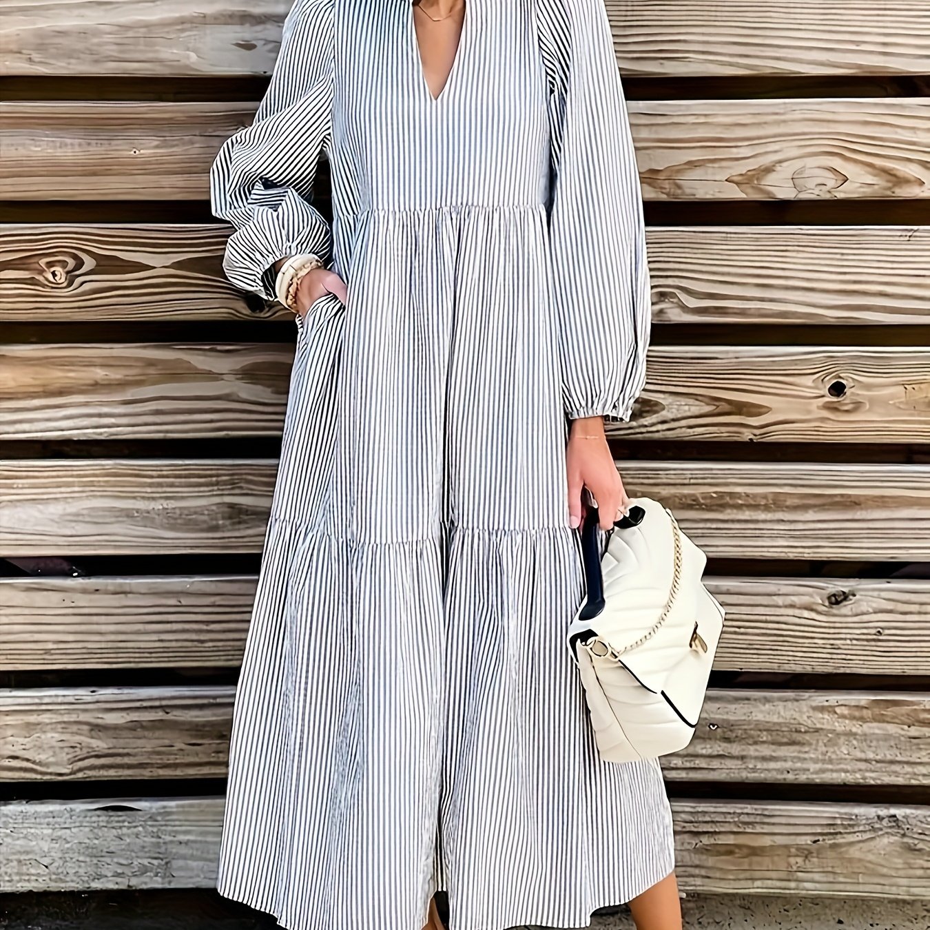 Plus Stripe Print Lantern Sleeve Maxi Dress