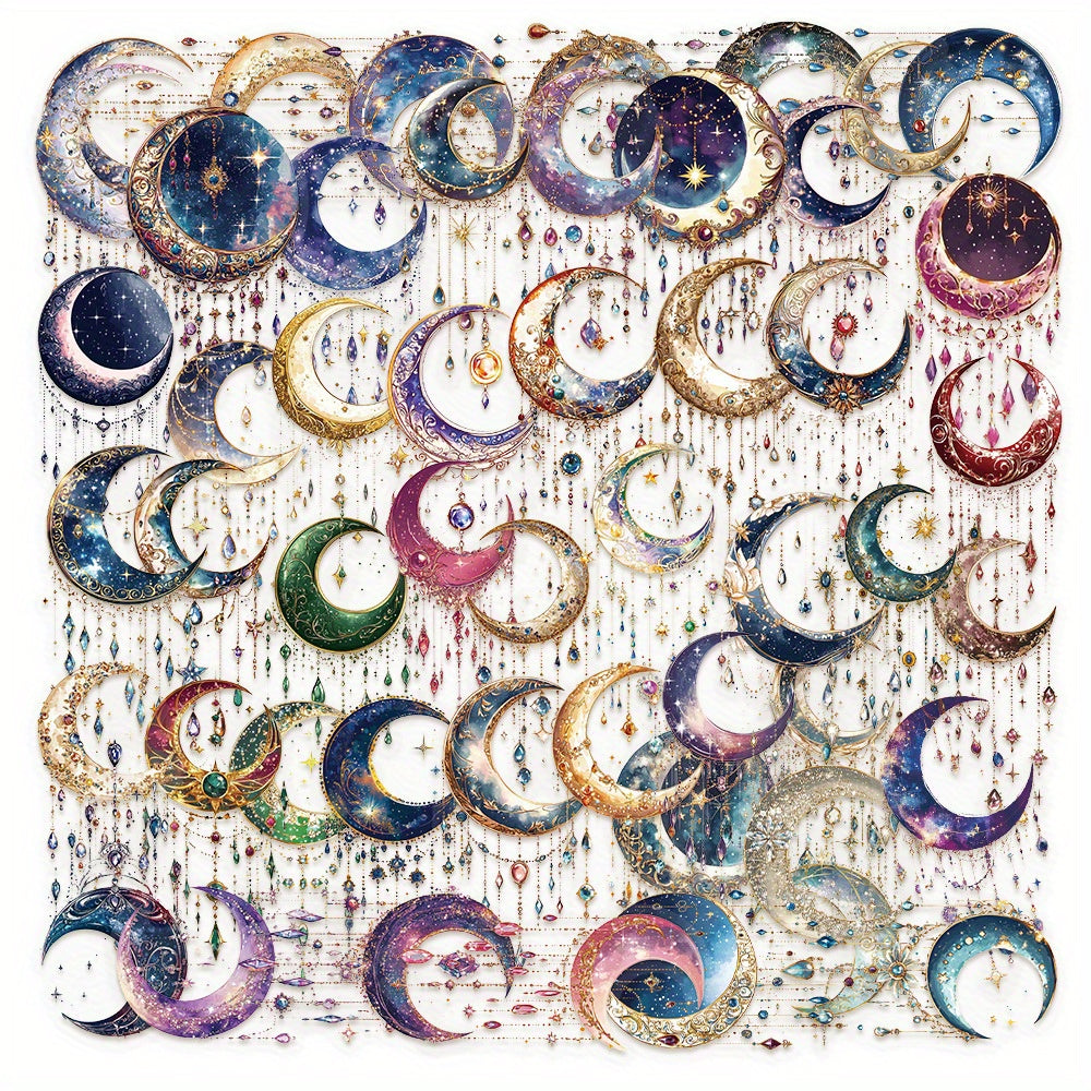 50pcs Galaxy Crescent Moon Stickers - Celestial Designs for DIY Projects