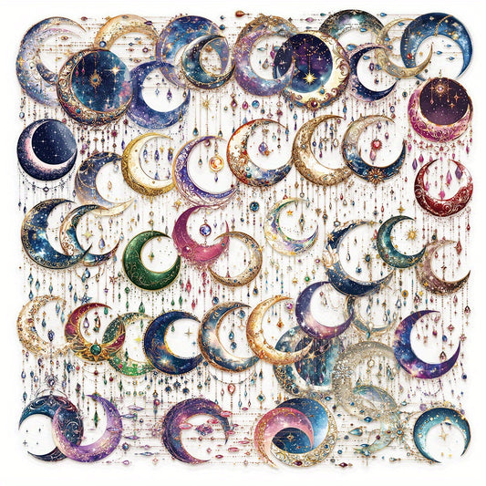 50pcs Galaxy Crescent Moon Stickers - Celestial Designs for DIY Projects