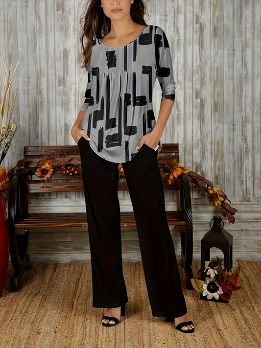 Women's Plus Brush Print Top & Pants Set