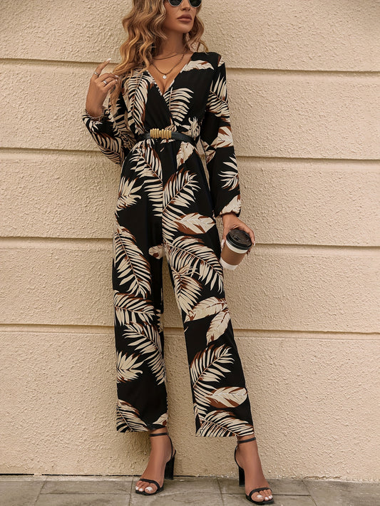 Tropical Print Surplice Neck Jumpsuit Long Sleeve Wide Leg Jumpsuit