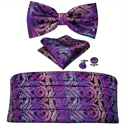 Barry Wang Men's Golden Cummerbund Bowtie Set Silk Paisley Floral