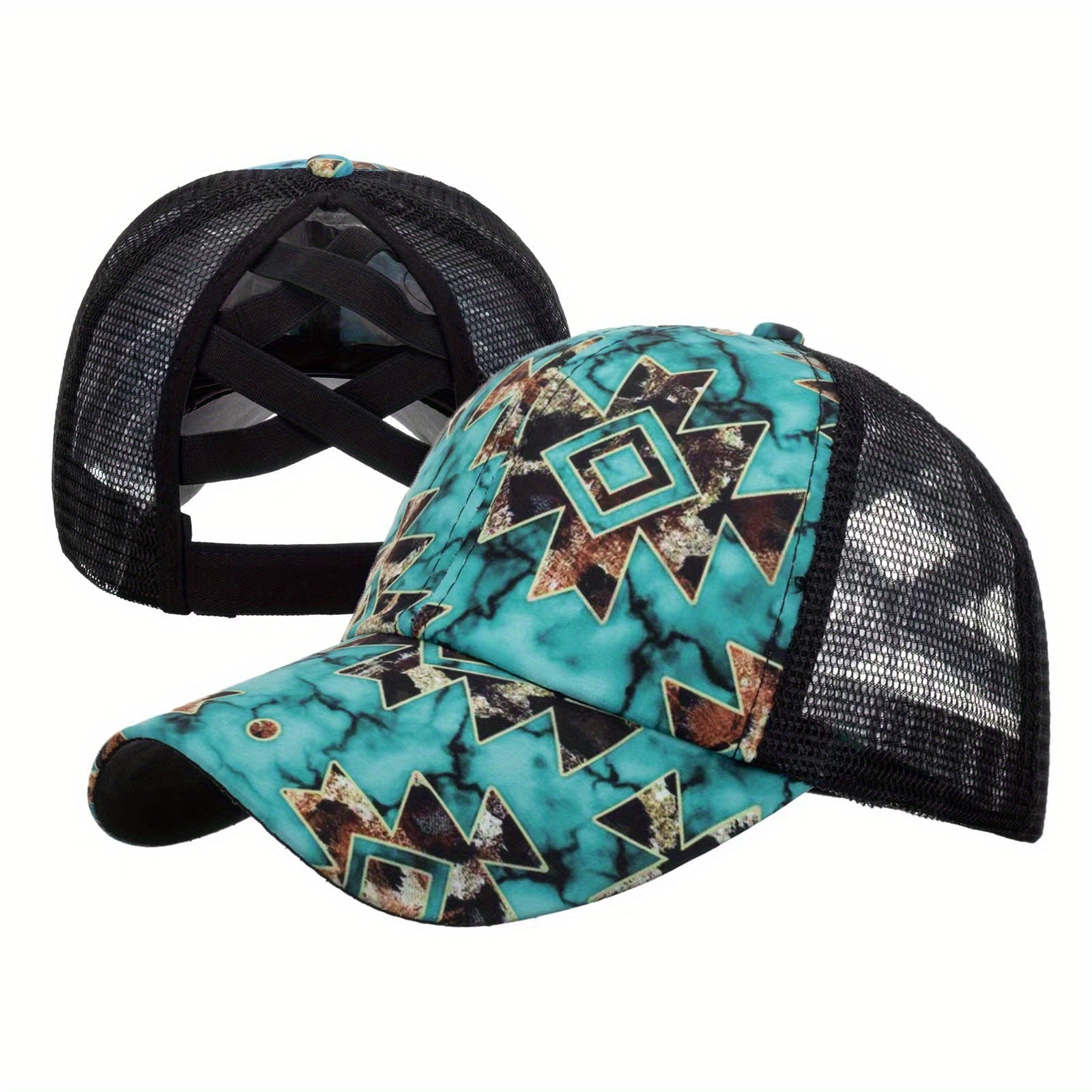 Tie Dye Ponytail Trucker Hat Star Print Mesh Baseball Cap Embroi