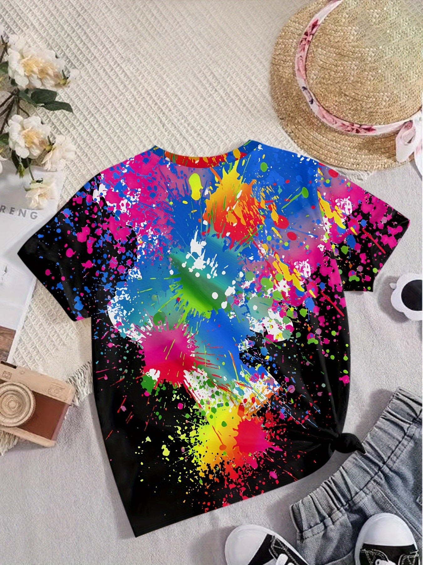 Girls Tie Dye Graffiti Print T shirt - Summer Sports
