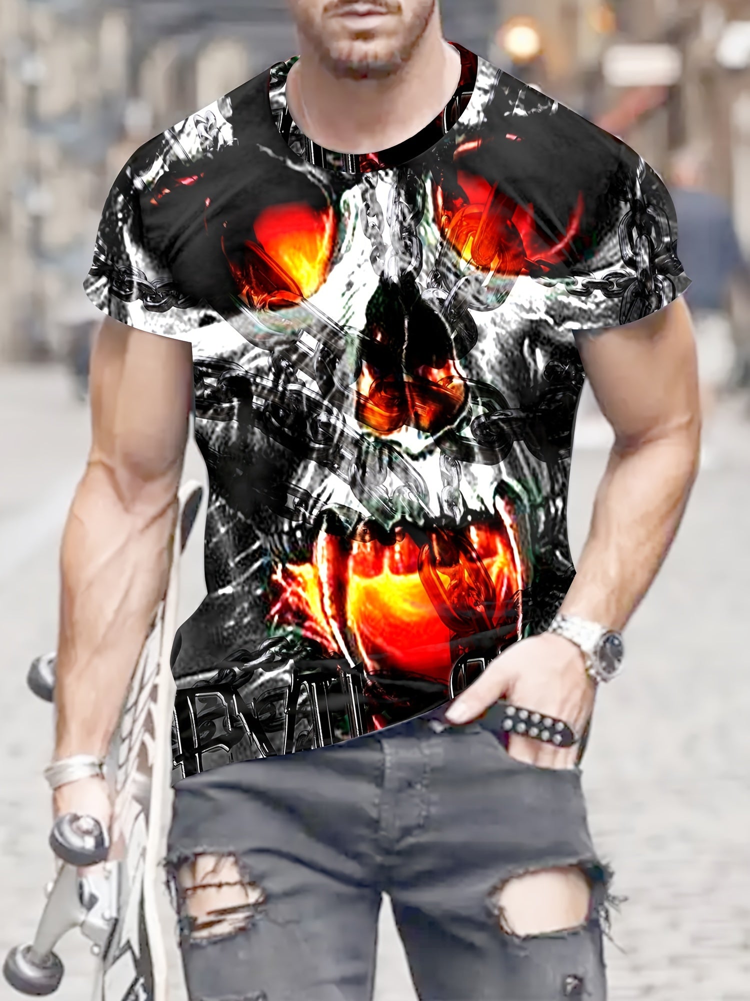 Skull 3D Pattern Print Men's Short Sleeve T-shirt Graphic Tee