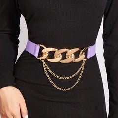 Women's Elastic Belt with Chain Decor Metal Buckle