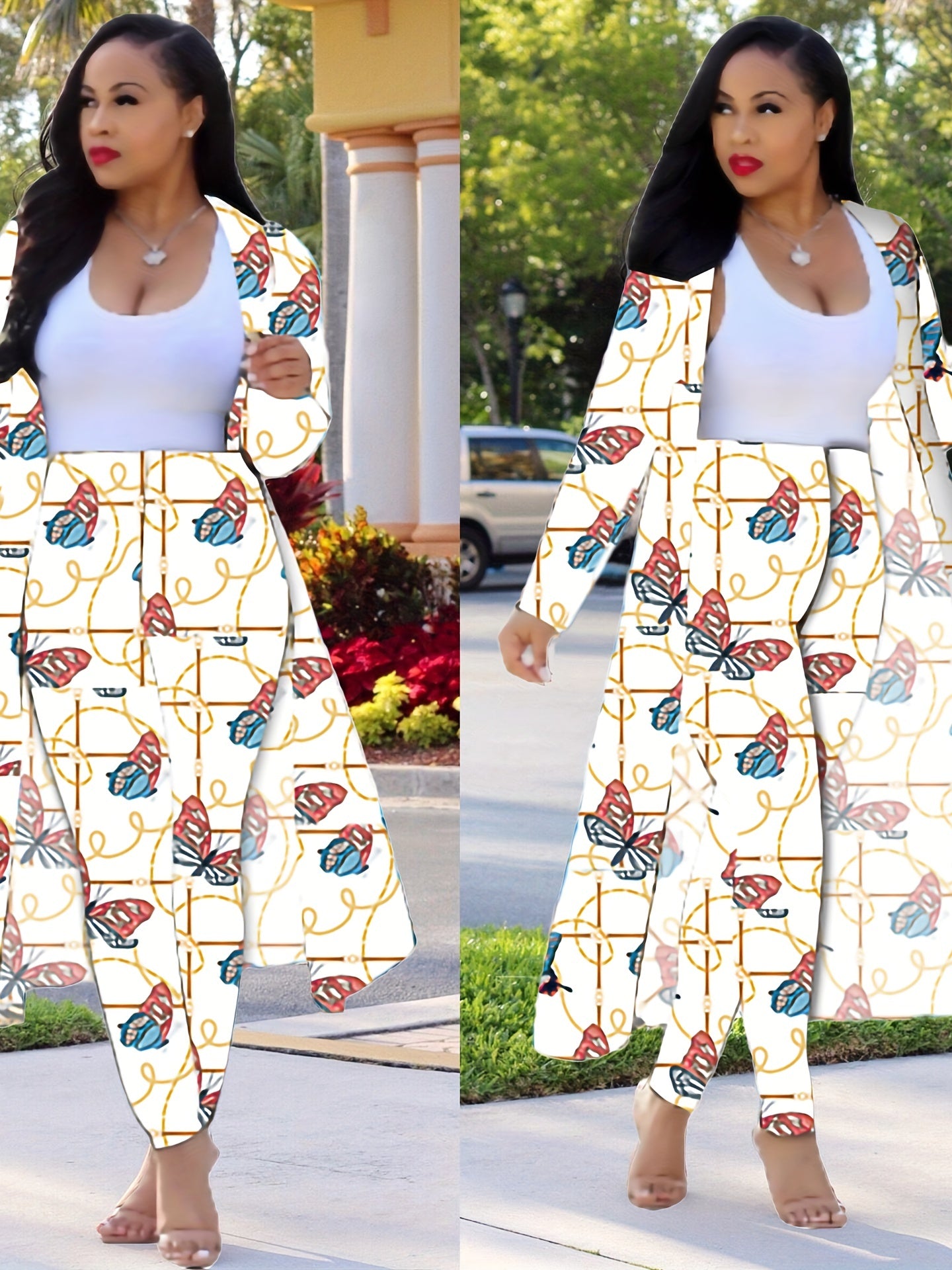 Casual Chain Print Two piece Set Long Sleeve Open Front Coat & High Waist Pants