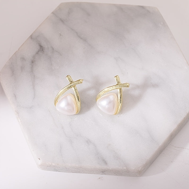 Geometric Triangle Faux Pearl Stud Earrings Female Temperament Ear Jewelry