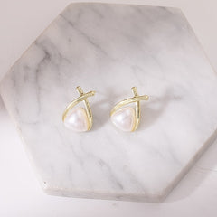 Geometric Triangle Faux Pearl Stud Earrings Female Temperament Ear Jewelry