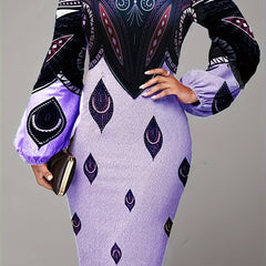  Colorblock Graphic Print Lantern Sleeve Round Neck Midi Dress