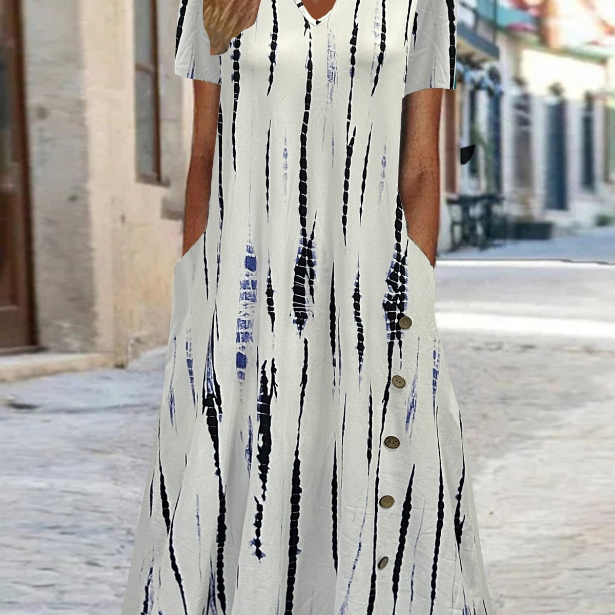  Tie Dye Button Decor Short Sleeve Dress