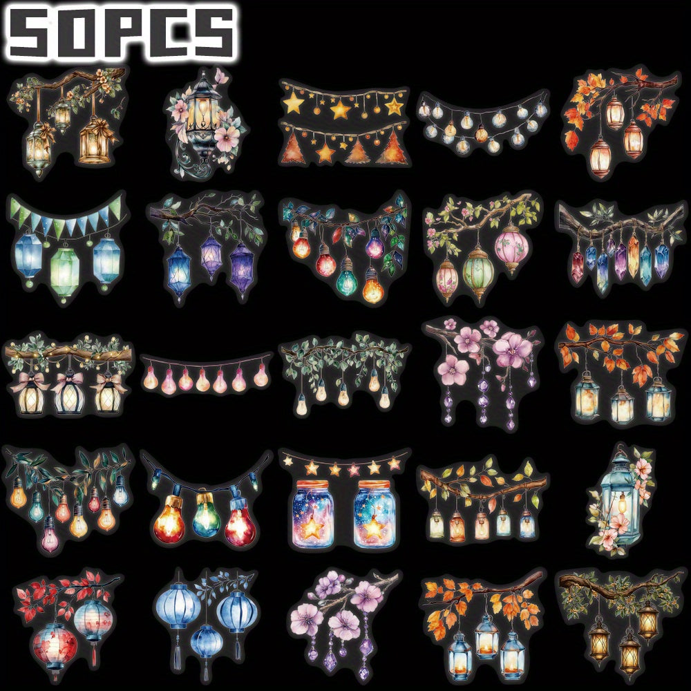 50pcs Lantern Themed Stickers Floral Heart Patterns Decal