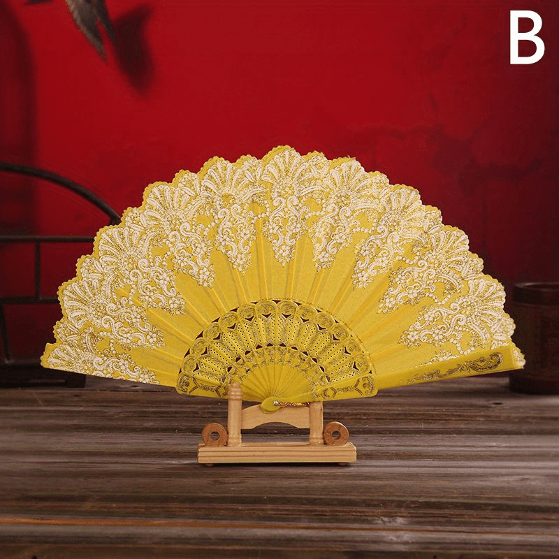 Chinese Floral Pattern Handheld Folding Fan Golden Fan Plastic Bone Portable