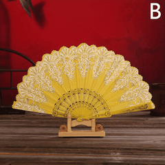 Chinese Floral Pattern Handheld Folding Fan Golden Fan Plastic Bone Portable