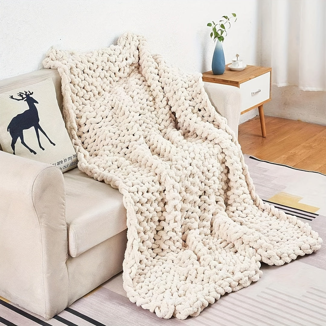 Chunky Knit Blanket Throw Chenille Yarn Cozy Thick Cable Knitted Blanket