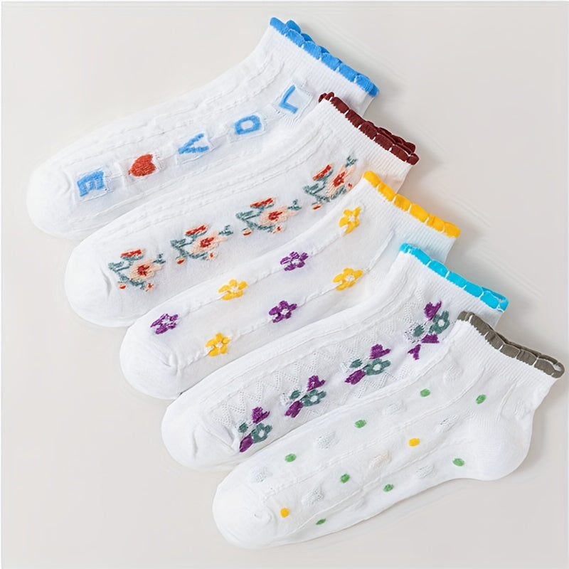 5 Pair Floral Print Low Cut Socks Women's Stockings