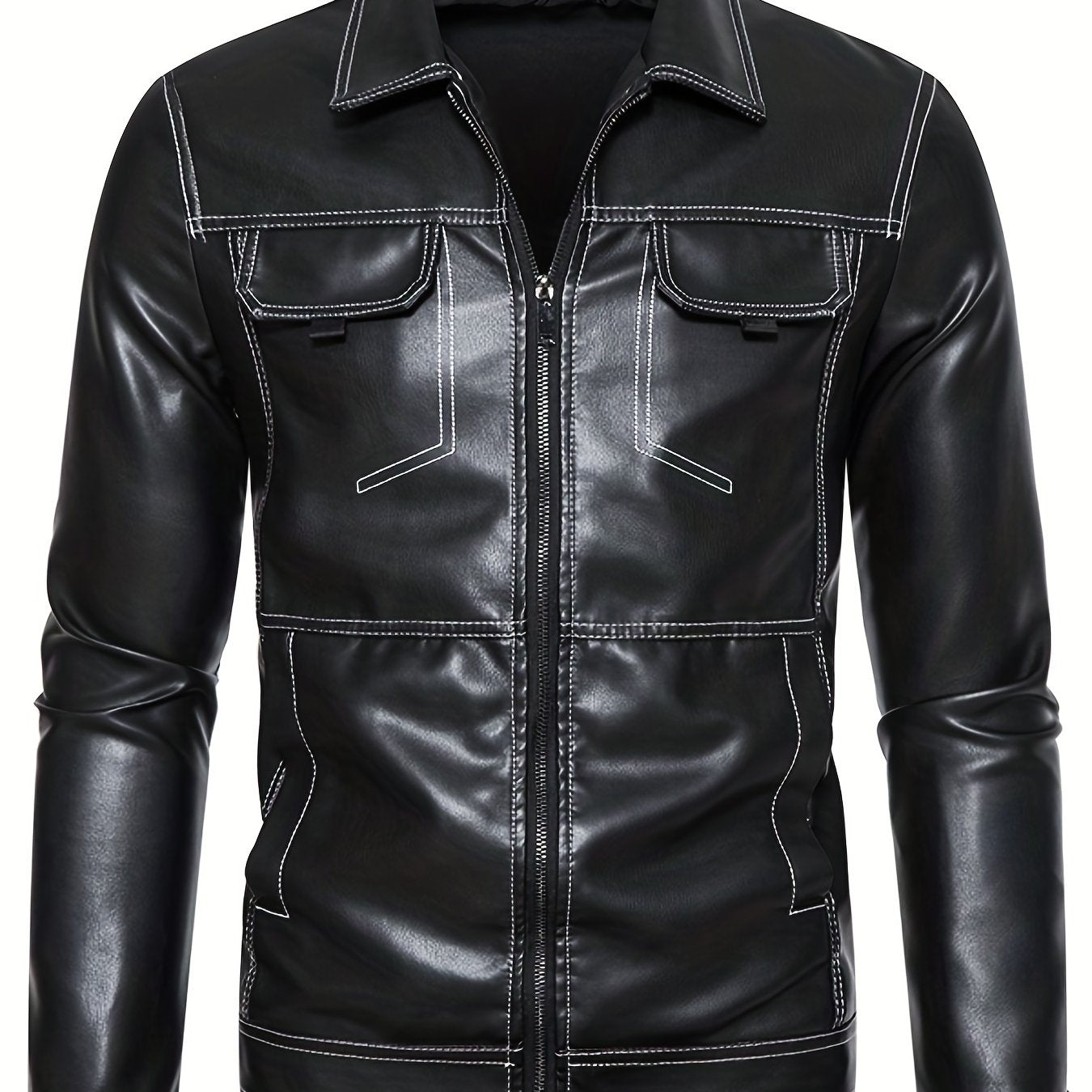 Men's Retro Motorcycle PU Leather Zip Up Jacket with Topstitch Lapel