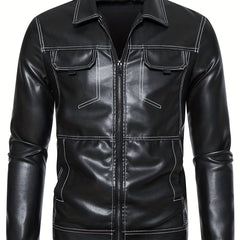 Men's Retro Motorcycle PU Leather Zip Up Jacket with Topstitch Lapel