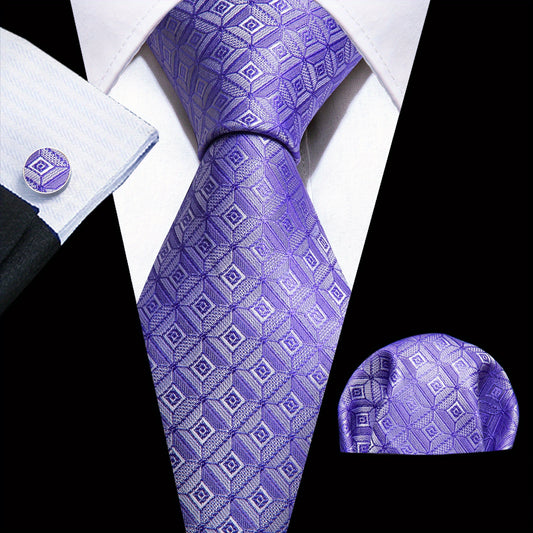 Barry Wang Men's Tie Silk Plaid Jacquard Tie Cufflinks Scarf Set