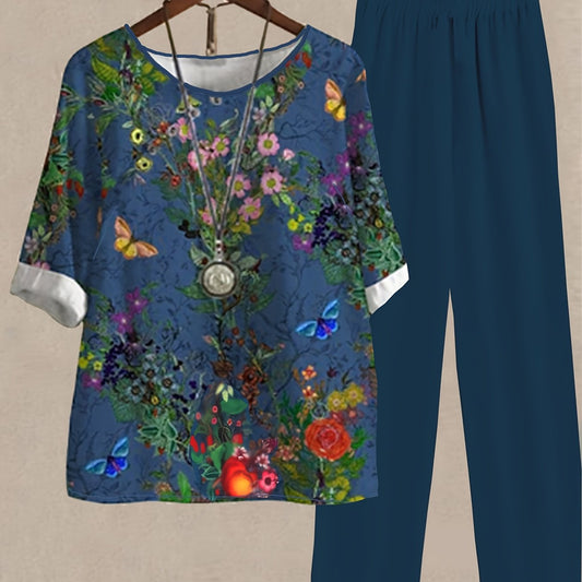 Women's Plus Floral Print Top & Solid Wide Leg Pants 2 Piece Set