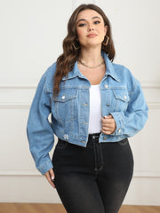  Casual Denim Jacket Women's Plus Ripped Button Up Long Sleeve Crop Den
