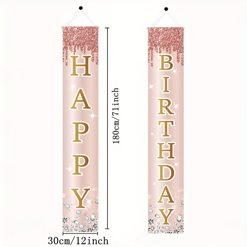 2pcs Pink Rose Golden Happy Birthday Door Banner Decorations