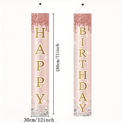 2pcs Pink Rose Golden Happy Birthday Door Banner Decorations