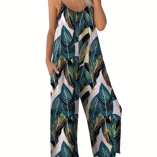 Graphic Print Wide Leg Jumpsuit Spaghetti Strap Sleeveless