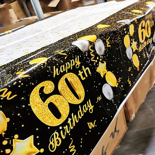 Golden Happy 60th Birthday Tablecloth Rectangular Party Table Cover