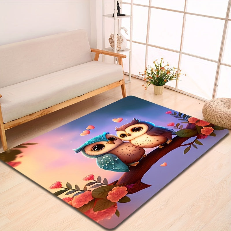 Cartoon Bird Print Rug Rose Pattern Carpet Machine Washable