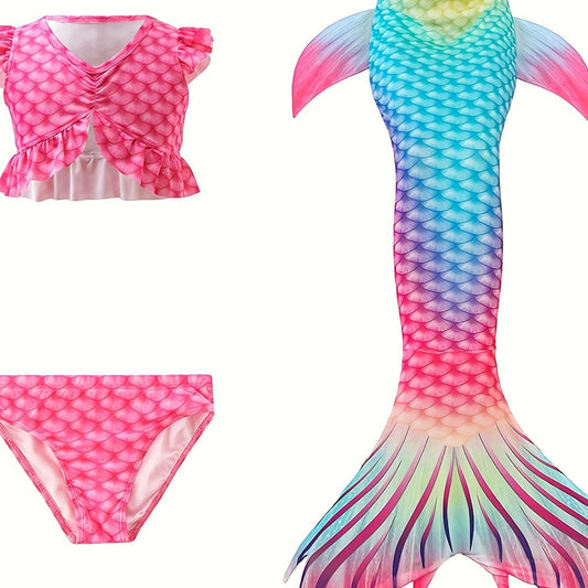 Mermaid Swimsuit 3pcs Ruffle Bikini Set & Mermaid Tail Tie dye Bathing Suit