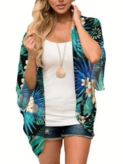 Floral Print V Neck Half Sleeve Cover Up Kimono Beach Cover Up
