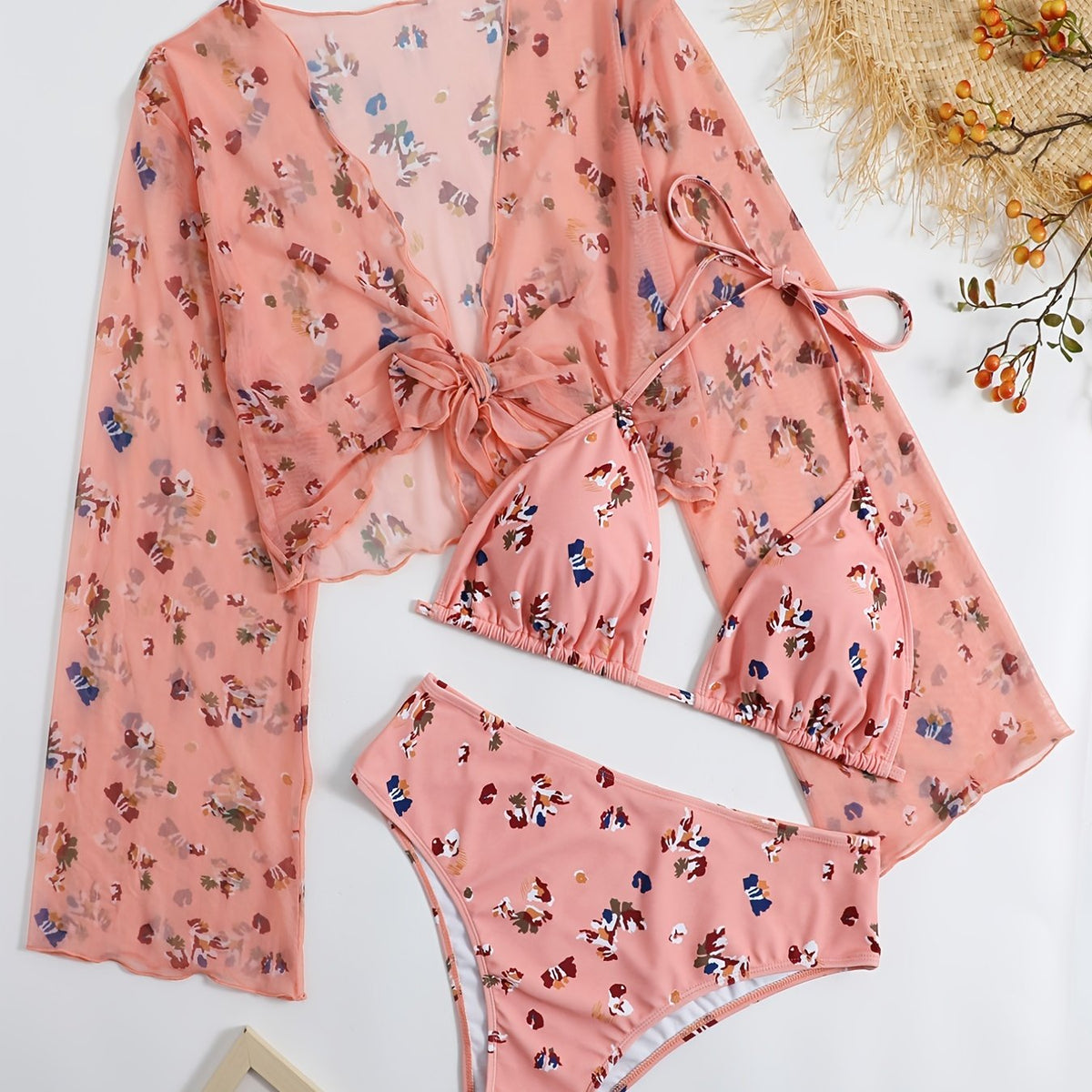 3pcs Plus Size Floral Print Bikini Set & Cover Up Tops Women's Plus Swimsuit Set