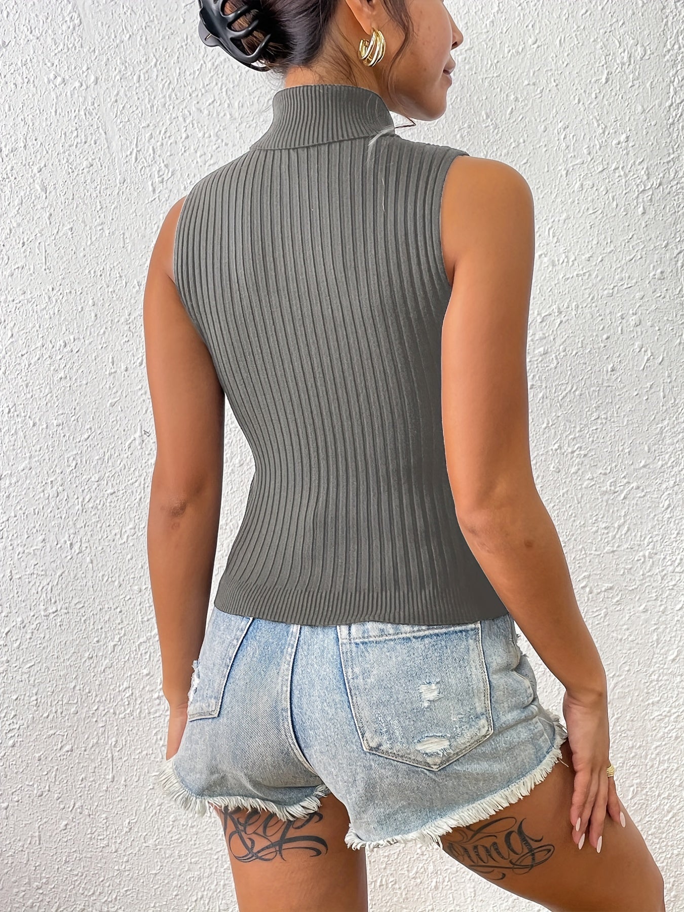 Solid Turtle Neck Sweater Vest Bodycon Stylish Women's Clothing
