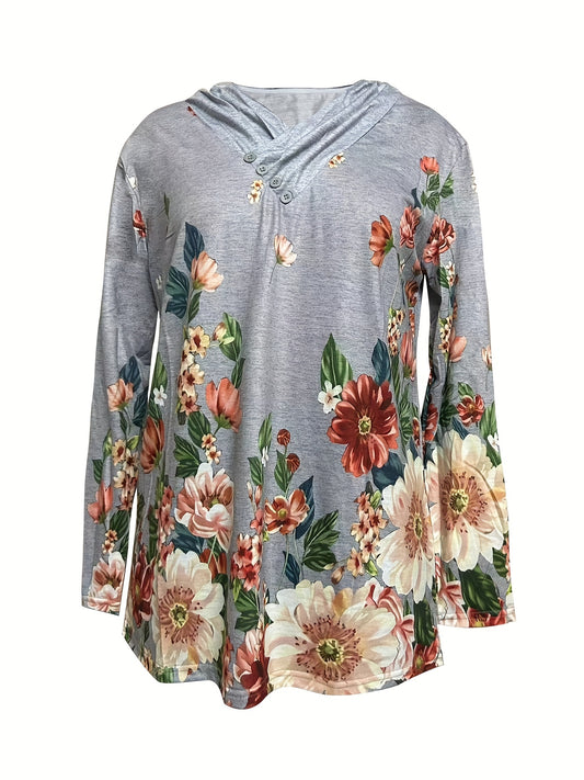 Floral Print Button Front Sweatshirt V Neck Long Sleeve
