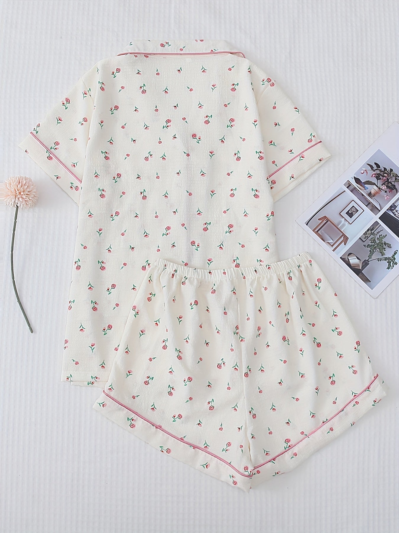 Floral Print Pajamas Set Short Sleeve Top & Bow Shorts