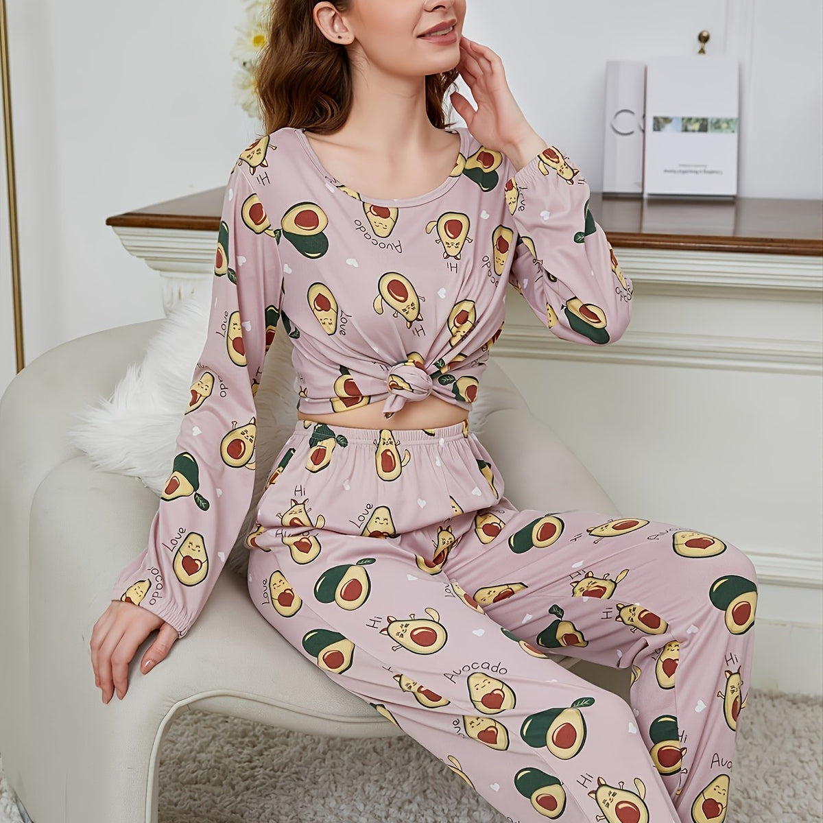 Avocado Print Pajama Set Long Sleeve Top & Pants Women's Sleepwear