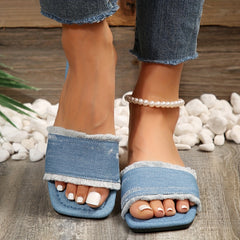Women's Denim Flat Slides Sandals Square Open Toe Slip On
