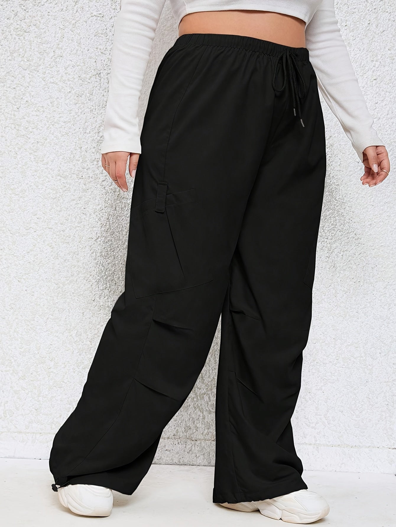  Solid Elastic Drawstring High Rise Wide Leg Cargo Trousers