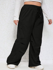  Solid Elastic Drawstring High Rise Wide Leg Cargo Trousers