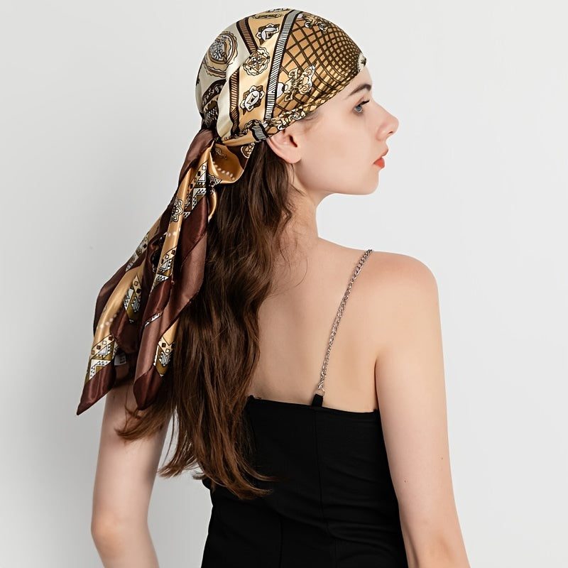 Floral Print Square Turban Silk Head Scarf Lightweight Scarf Bandana