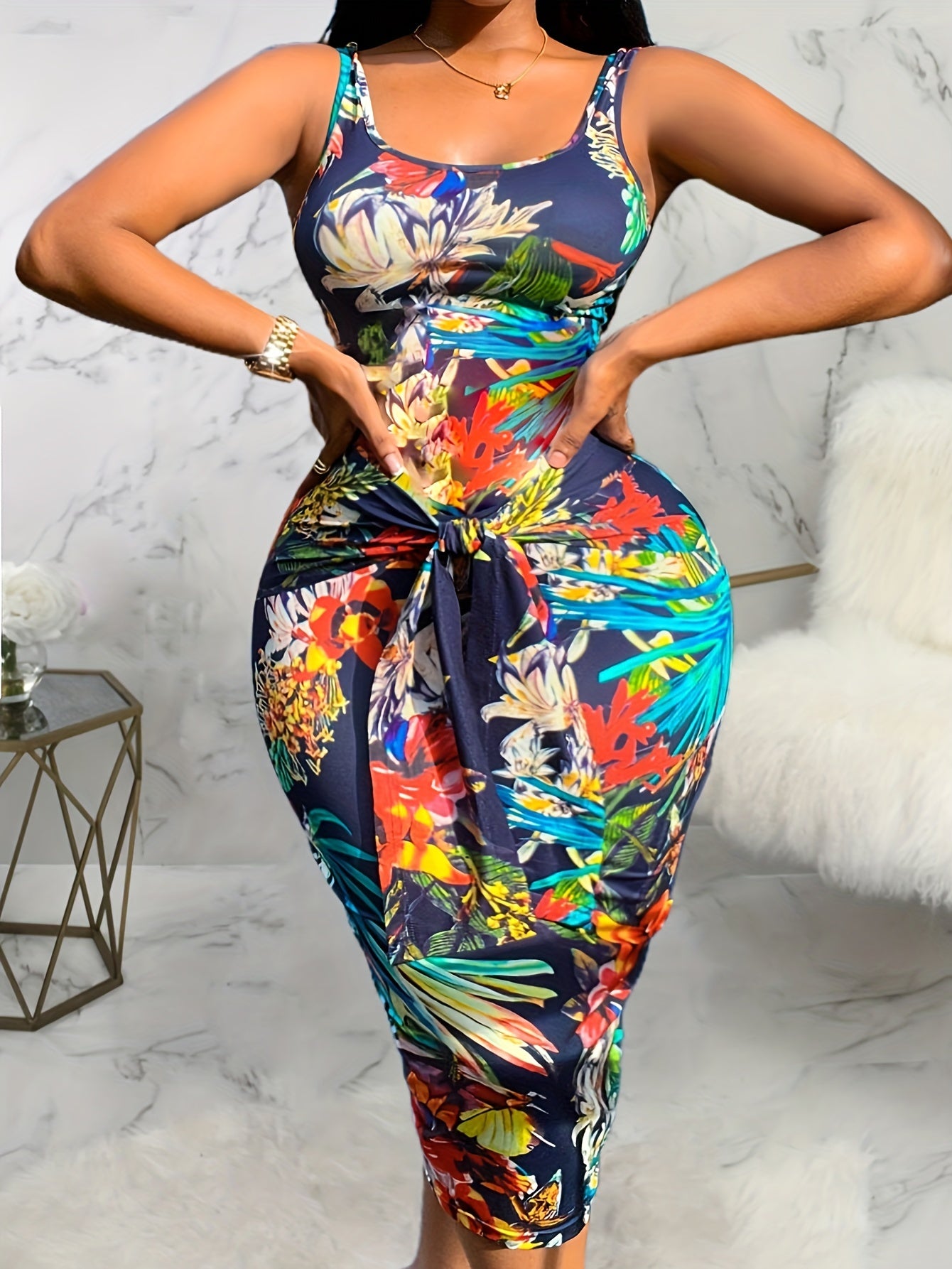 Women's Plus Tropical Print Slim Fit Stretch Dress