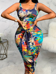 Women's Plus Tropical Print Slim Fit Stretch Dress
