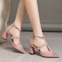 Women's Pointed Toe Block High Heels T-Strap Sandals