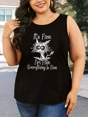  Cat & Letter Print Round Neck Tank Top