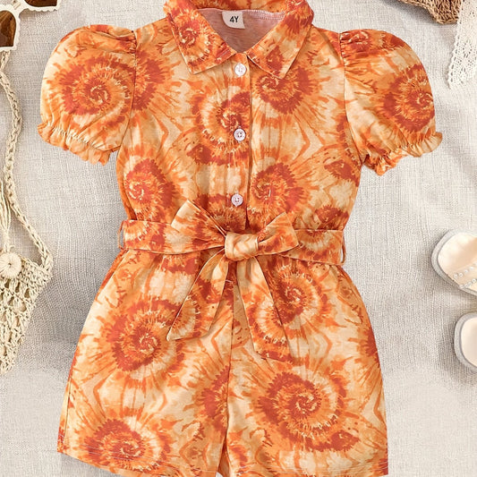 Girls Tie Dye Full Print Button Down Short Sleeve Romper Kids Jumpsuit